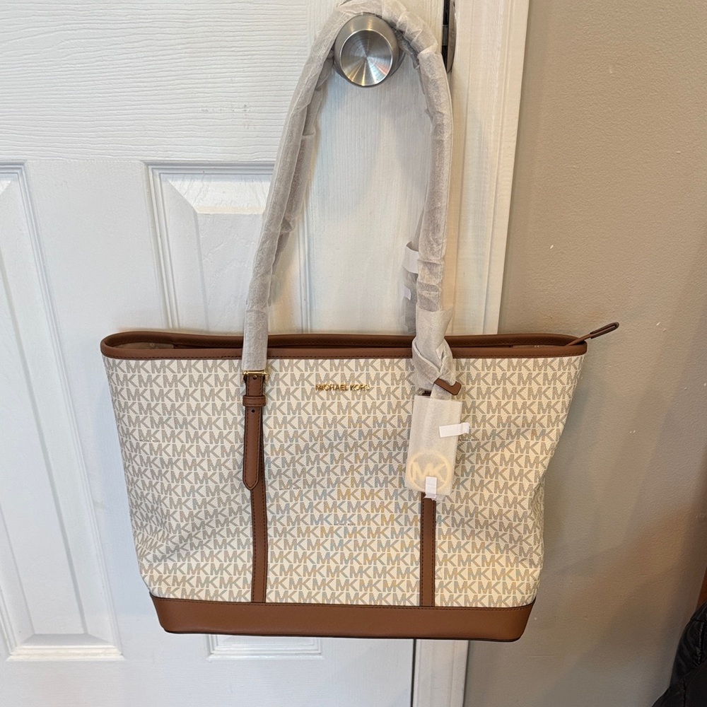 Michael Kors Tan and White Signature Tote